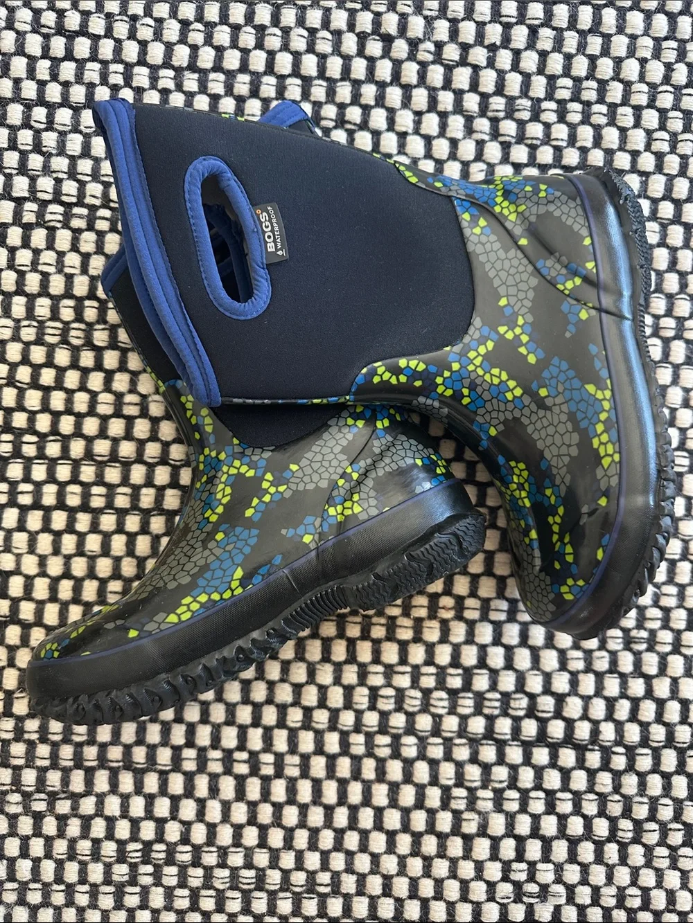 Bogs Kids Black Rain Boots with Blue and Lime Accents
